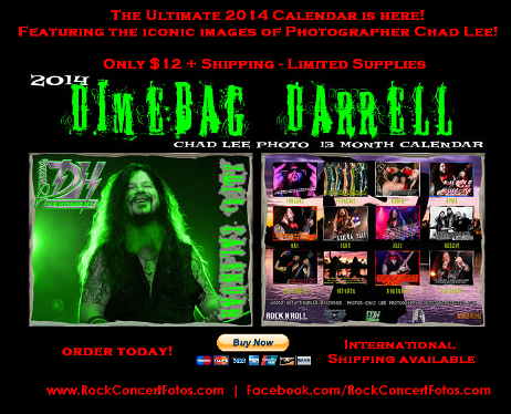 Order the Ultimate 2014 DIMEBAG DARRELL Calendar featuring the iconic images by PANTERA/DAMAGEPLAN Photographer Chad Lee!  Some never before published!  $5 from every calendar will go towards the Wayne Mills Memorial Fund for the Nashville musician who was slain in November 2013.